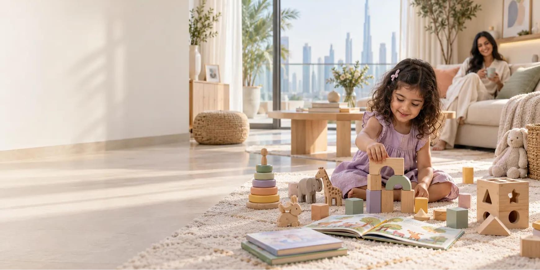 A child exploring wooden toys and books in a bright Dubai family home