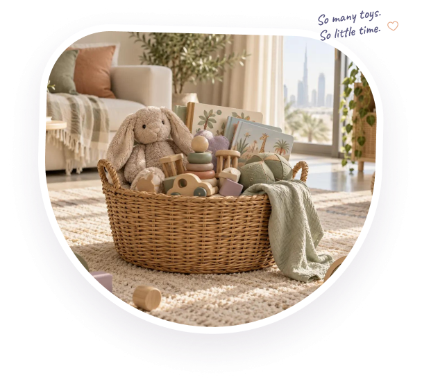 Basket of soft toys and books at home
